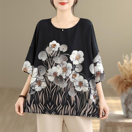 夏季新品麻棉民族风蝙蝠袖宽松大码圆领T恤女 服裝批發女裝批發服飾貨源