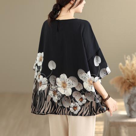 夏季新品麻棉民族风蝙蝠袖宽松大码圆领T恤女 服裝批發女裝批發服飾貨源