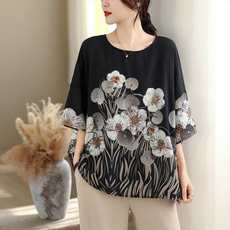 夏季新品麻棉民族风蝙蝠袖宽松大码圆领T恤女 服裝批發女裝批發服飾貨源