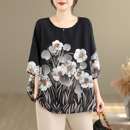 夏季新品麻棉民族风蝙蝠袖宽松大码圆领T恤女 服裝批發女裝批發服飾貨源