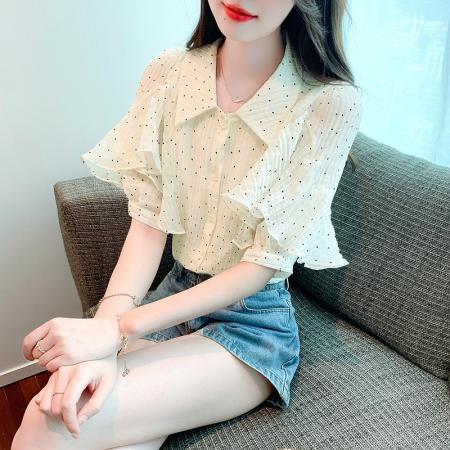 雪纺短袖衬衫女夏新款法式波点上衣设计感小众翻领荷叶袖衬衣 服裝批發女裝批發服飾貨源