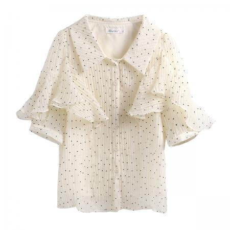 雪纺短袖衬衫女夏新款法式波点上衣设计感小众翻领荷叶袖衬衣 服裝批發女裝批發服飾貨源