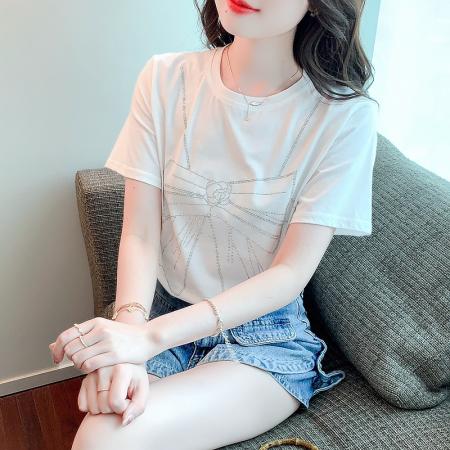 白色T恤女夏短袖宽松纯棉新款镶...