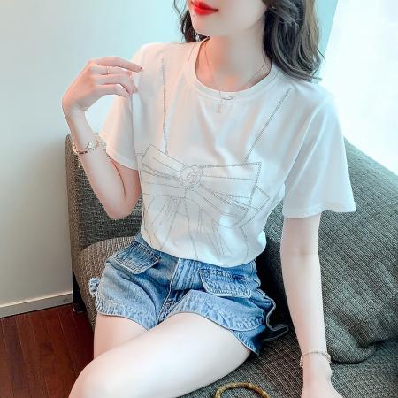 白色T恤女夏短袖宽松纯棉新款镶钻夏季百搭设计感小众上衣 服裝批發女裝批發服飾貨源