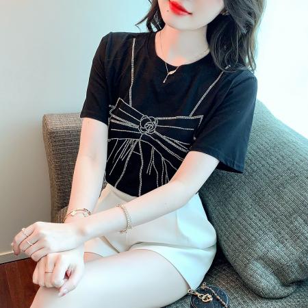 白色T恤女夏短袖宽松纯棉新款镶钻夏季百搭设计感小众上衣 服裝批發女裝批發服飾貨源