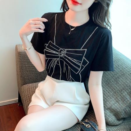 白色T恤女夏短袖宽松纯棉新款镶钻夏季百搭设计感小众上衣 服裝批發女裝批發服飾貨源