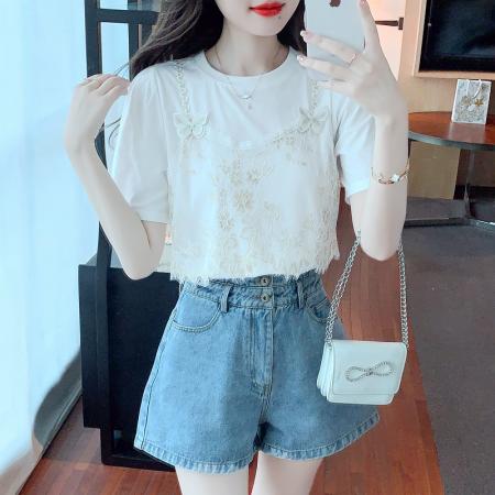 夏季短袖雪纺衫女新款潮别致法式T恤甜美短款上衣薄款衣服 服裝批發女裝批發服飾貨源