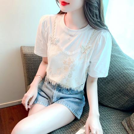 夏季短袖雪纺衫女新款潮别致法式T恤甜美短款上衣薄款衣服 服裝批發女裝批發服飾貨源