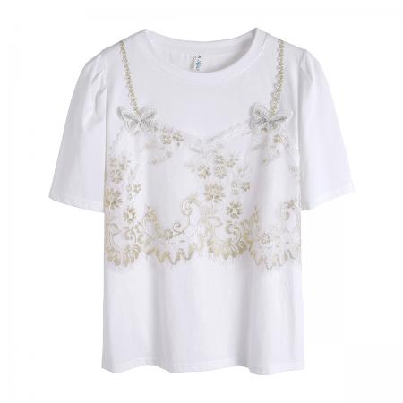 夏季短袖雪纺衫女新款潮别致法式T恤甜美短款上衣薄款衣服 服裝批發女裝批發服飾貨源