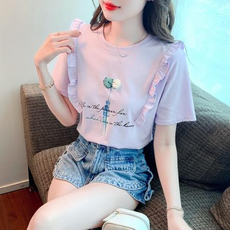 夏装新款韩版cec宽松圆领木耳边上衣设计感短袖印花T恤女潮 服裝批發女裝批發服飾貨源