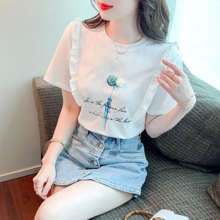 夏装新款韩版cec宽松圆领木耳边上衣设计感短袖印花T恤女潮 服裝批發女裝批發服飾貨源