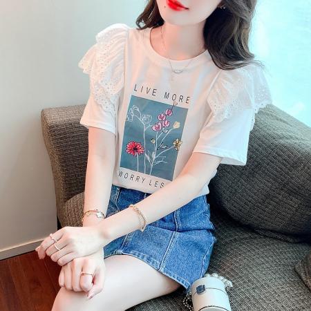 蕾丝荷叶边飞飞短袖t恤夏季女装新款甜美减龄漂亮上衣时尚 服裝批發女裝批發服飾貨源
