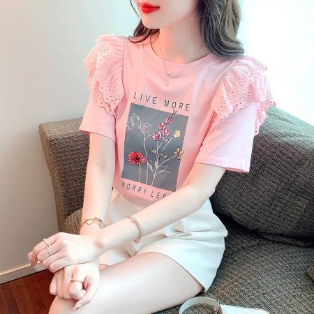 蕾丝荷叶边飞飞短袖t恤夏季女装新款甜美减龄漂亮上衣时尚 服裝批發女裝批發服飾貨源