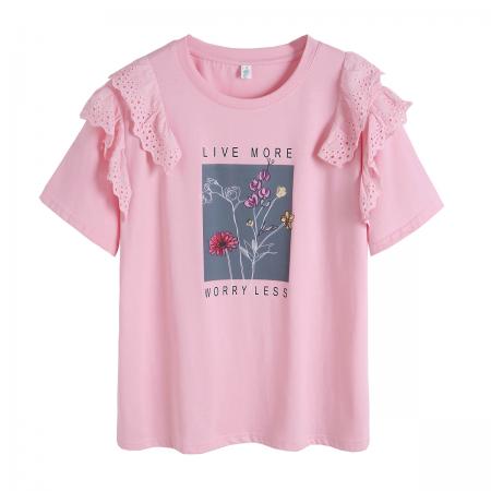 蕾丝荷叶边飞飞短袖t恤夏季女装新款甜美减龄漂亮上衣时尚 服裝批發女裝批發服飾貨源