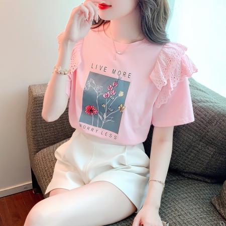 蕾丝荷叶边飞飞短袖t恤夏季女装新款甜美减龄漂亮上衣时尚 服裝批發女裝批發服飾貨源