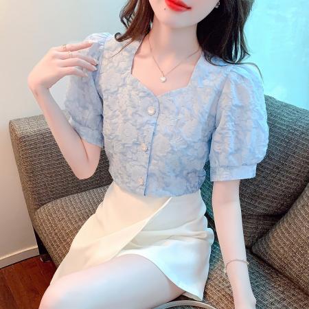 泡泡袖方领雪纺衬衫女装夏装新款薄款开衫减龄短袖白色上衣 服裝批發女裝批發服飾貨源