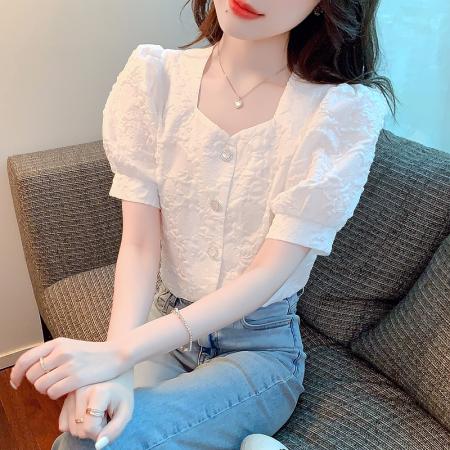 泡泡袖方领雪纺衬衫女装夏装新款薄款开衫减龄短袖白色上衣 服裝批發女裝批發服飾貨源