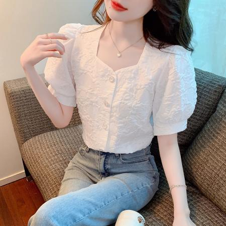 泡泡袖方领雪纺衬衫女装夏装新款薄款开衫减龄短袖白色上衣 服裝批發女裝批發服飾貨源