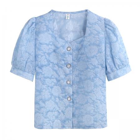 泡泡袖方领雪纺衬衫女装夏装新款薄款开衫减龄短袖白色上衣 服裝批發女裝批發服飾貨源