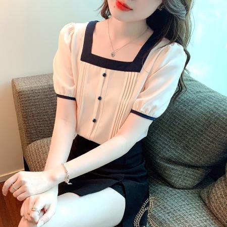 雪纺衫女夏季新款设计感泡泡袖衬衫雪纺女士方领小上衣 服裝批發女裝批發服飾貨源