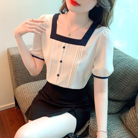 雪纺衫女夏季新款设计感泡泡袖衬衫雪纺女士方领小上衣 服裝批發女裝批發服飾貨源