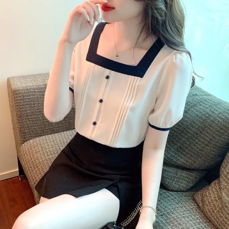 雪纺衫女夏季新款设计感泡泡袖衬衫雪纺女士方领小上衣 服裝批發女裝批發服飾貨源