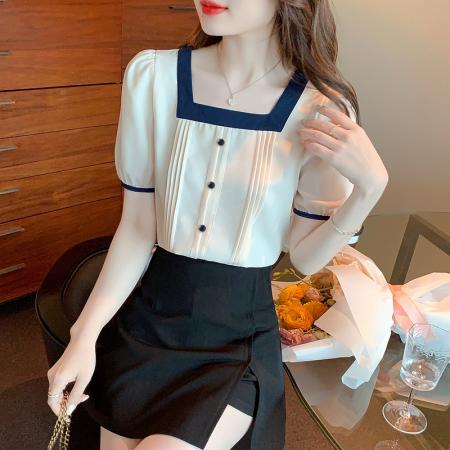 雪纺衫女夏季新款设计感泡泡袖衬衫雪纺女士方领小上衣 服裝批發女裝批發服飾貨源