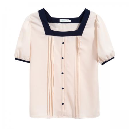 雪纺衫女夏季新款设计感泡泡袖衬衫雪纺女士方领小上衣 服裝批發女裝批發服飾貨源