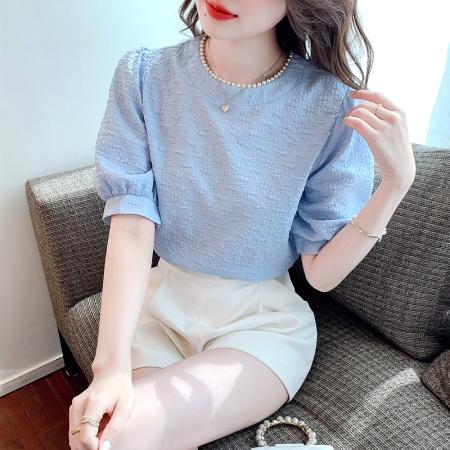 薄款泡泡袖雪纺上衣女夏季新款设计感小众别致短袖直角肩衬衫 服裝批發女裝批發服飾貨源