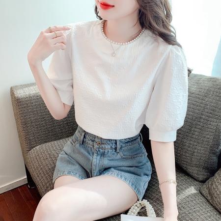 薄款泡泡袖雪纺上衣女夏季新款设计感小众别致短袖直角肩衬衫 服裝批發女裝批發服飾貨源