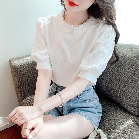 薄款泡泡袖雪纺上衣女夏季新款设计感小众别致短袖直角肩衬衫 服裝批發女裝批發服飾貨源