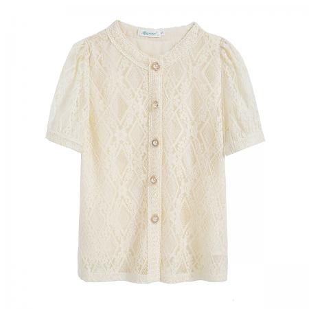 夏季新款圆领泡泡袖蕾丝衬衫女设计感小众法式减龄洋气上衣 服裝批發女裝批發服飾貨源