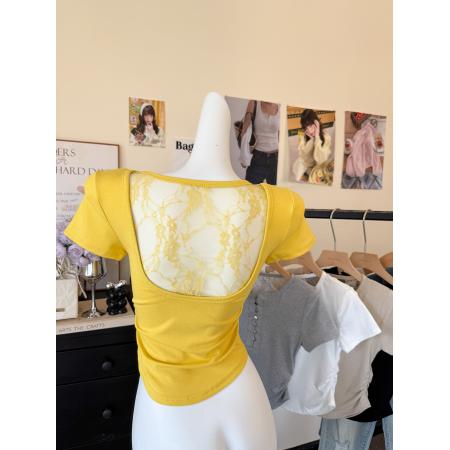 春季新款韩版设计感胸前扣子后背蕾丝拼接T恤上衣女 服裝批發女裝批發服飾貨源