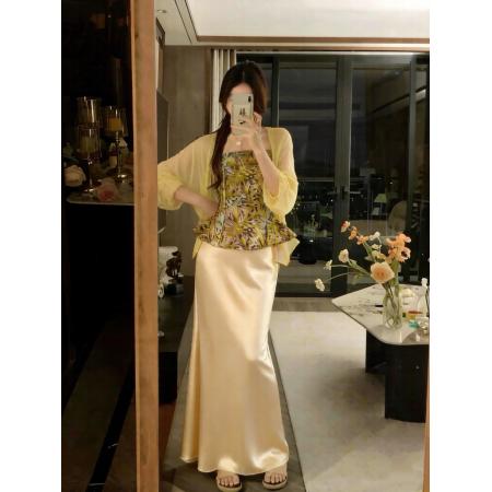 大码法式吊带套装裙女春出游印花高级感缎面半身裙 服裝批發女裝批發服飾貨源