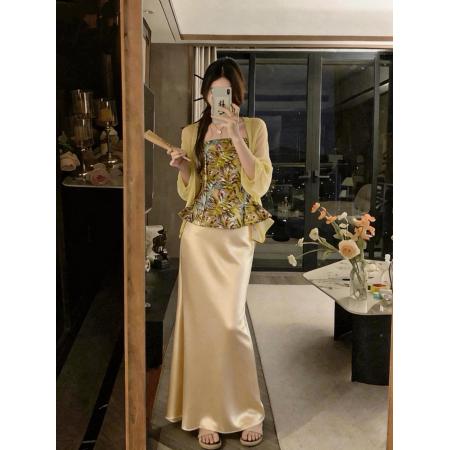 大码法式吊带套装裙女春出游印花高级感缎面半身裙 服裝批發女裝批發服飾貨源