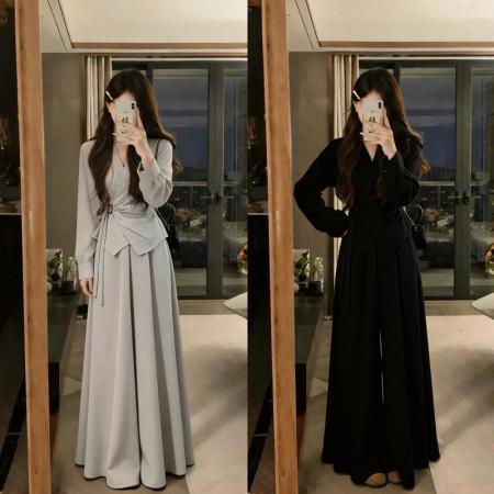 大码春夏超级显瘦上衣+阔腿长裤两件套 服裝批發女裝批發服飾貨源