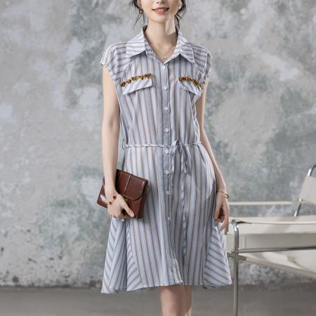 轻奢条纹法式翻领收腰无袖新款夏连衣裙女 服裝批發女裝批發服飾貨源