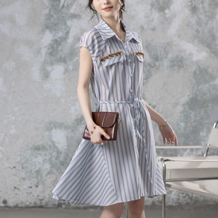 轻奢条纹法式翻领收腰无袖新款夏连衣裙女 服裝批發女裝批發服飾貨源