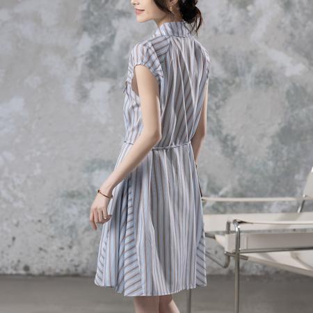 轻奢条纹法式翻领收腰无袖新款夏连衣裙女 服裝批發女裝批發服飾貨源