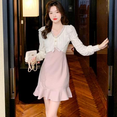 小香风鱼尾裙女装早春季连衣裙女V领收腰裙子新款包臀短裙 服裝批發女裝批發服飾貨源