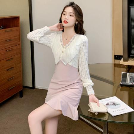 小香风鱼尾裙女装早春季连衣裙女V领收腰裙子新款包臀短裙 服裝批發女裝批發服飾貨源