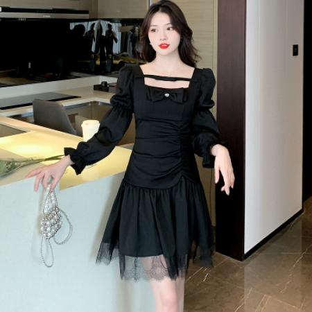 微甜黑巧复古方领黑色短裙长袖连衣裙女秋新款 服裝批發女裝批發服飾貨源