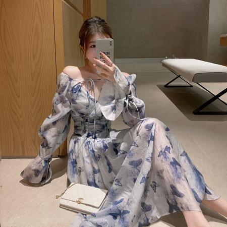 BY12317# 春夏季新款气质法式v领天丝蓝色碎花连衣裙收腰荷叶袖长裙ins 服裝批發女裝批發服飾貨源