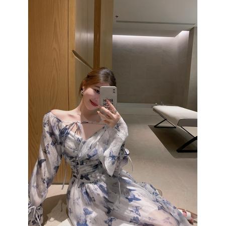 BY12317# 春夏季新款气质法式v领天丝蓝色碎花连衣裙收腰荷叶袖长裙ins 服裝批發女裝批發服飾貨源