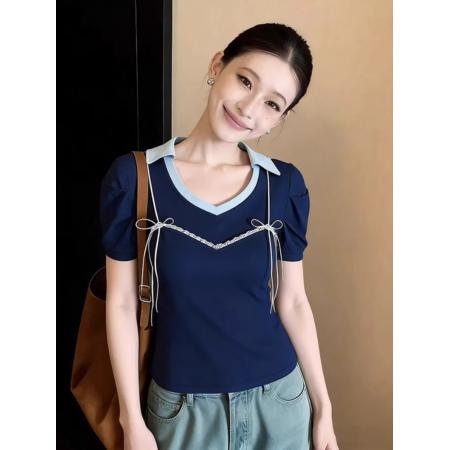 BY12320# 夏季甜辣妹蝴蝶结v领短袖t恤女高级设计感巨好看修身显瘦通勤上衣 服裝批發女裝批發服飾貨源