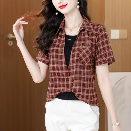 BY12321# 时尚衬衫女新款洋气显瘦减龄百搭格子拼接假两件短袖上衣 服裝批發女裝批發服飾貨源