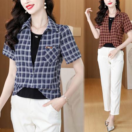 BY12321# 时尚衬衫女新款洋气显瘦减龄百搭格子拼接假两件短袖上衣 服裝批發女裝批發服飾貨源