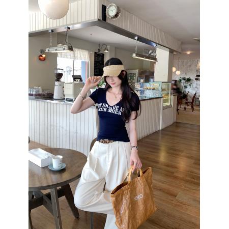 BY12322# 图复古字母印花V领短袖T恤女夏新款修身显瘦辣妹风短上衣 服裝批發女裝批發服飾貨源