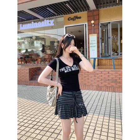 BY12322# 图复古字母印花V领短袖T恤女夏新款修身显瘦辣妹风短上衣 服裝批發女裝批發服飾貨源