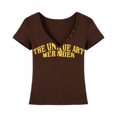 BY12322# 图复古字母印花V领短袖T恤女夏新款修身显瘦辣妹风短上衣 服裝批發女裝批發服飾貨源